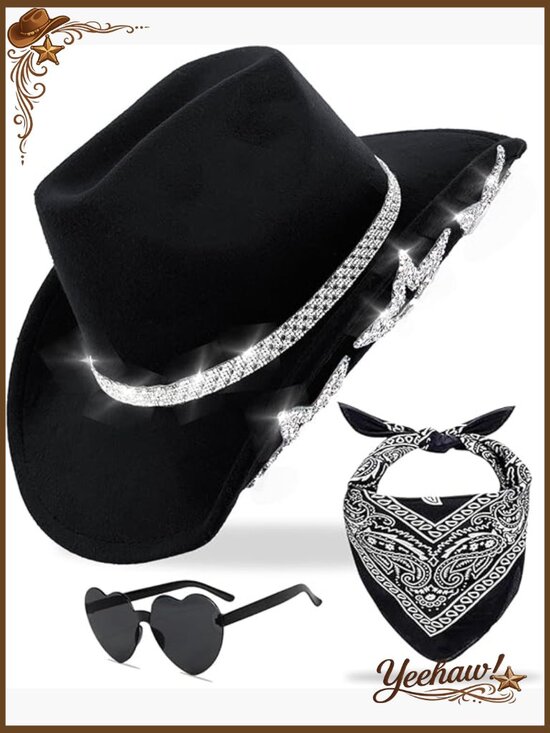 Sparkly Cowboy Hat with Rhinestone Belt & 6 Stars, Includes Sunglasses & main image 3